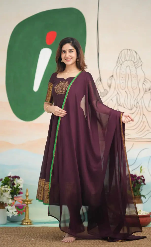 Dark Plum and Green Cotton Anarkali - PRE ORDER Anarkalis