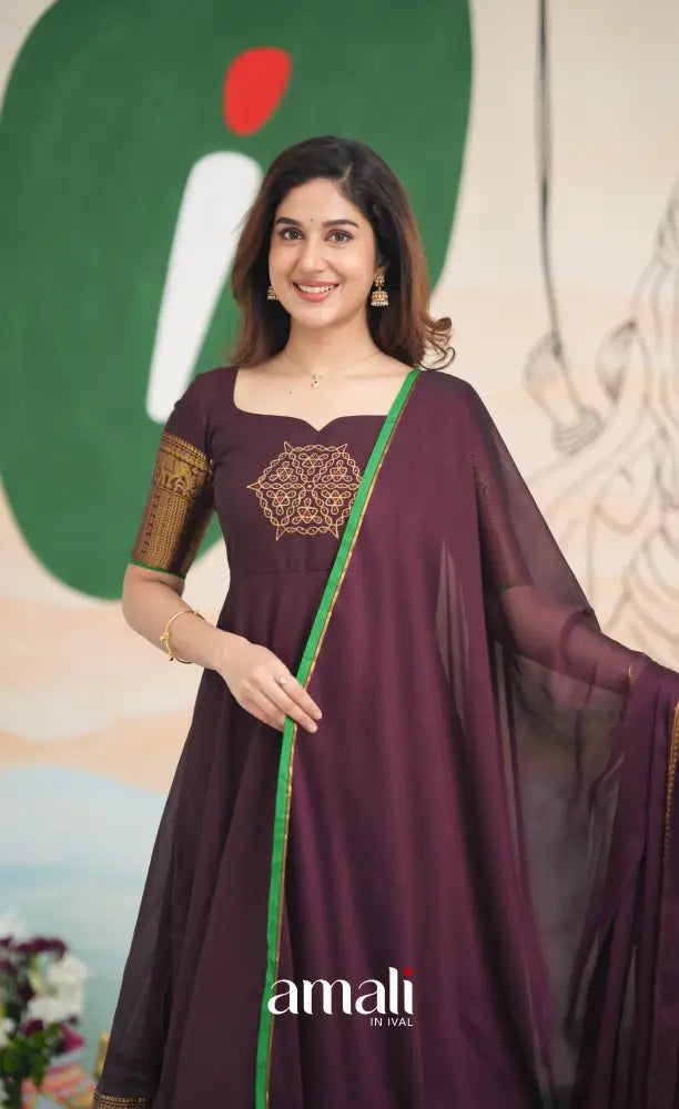 Dark Plum and Green Cotton Anarkali - PRE ORDER Anarkalis