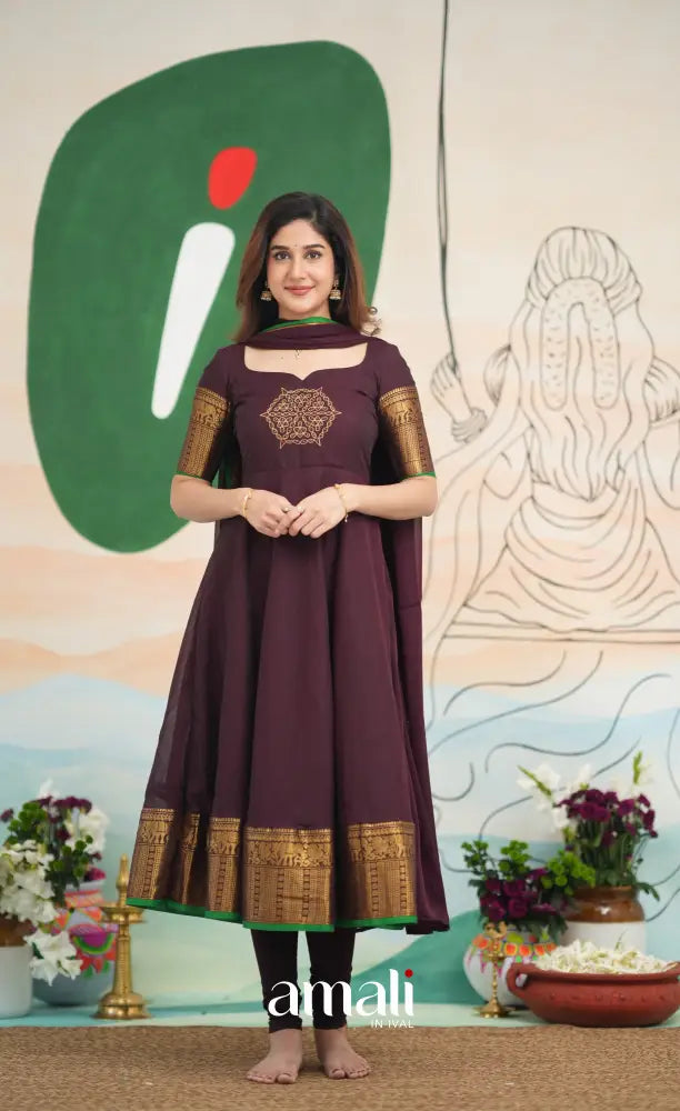 Dark Plum and Green Cotton Anarkali - PRE ORDER Anarkalis
