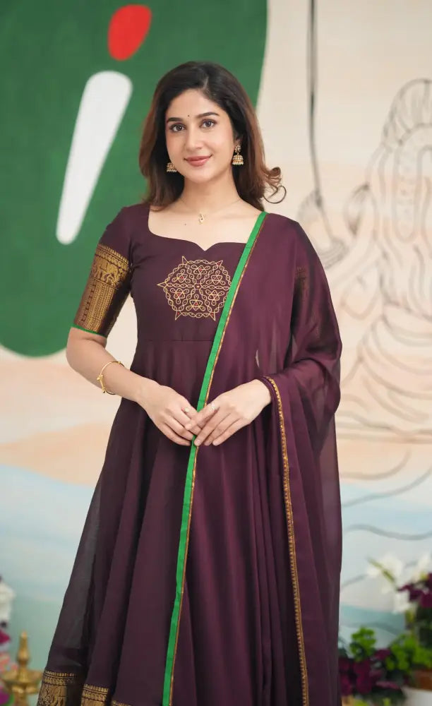 Dark Plum and Green Cotton Anarkali - PRE ORDER Anarkalis