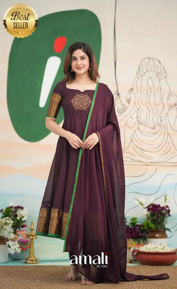 Dark Plum and Green Cotton Anarkali - PRE ORDER Anarkalis