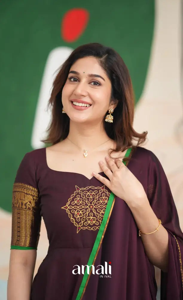 Dark Plum and Green Cotton Anarkali - PRE ORDER Anarkalis