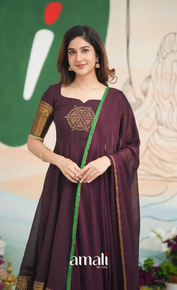 Dark Plum and Green Cotton Anarkali - PRE ORDER Anarkalis