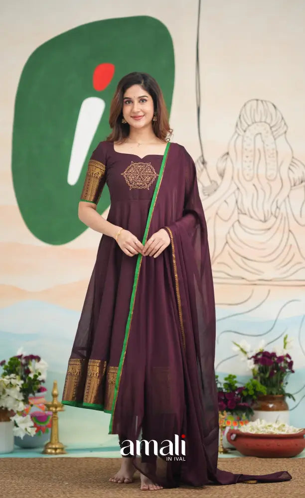 Dark Plum and Green Cotton Anarkali - PRE ORDER Anarkalis