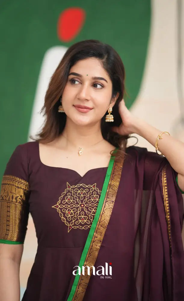 Dark Plum and Green Cotton Anarkali Anarkalis