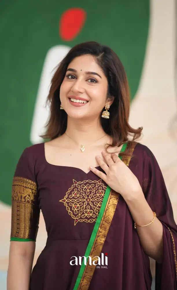 Dark Plum and Green Cotton Anarkali Anarkalis