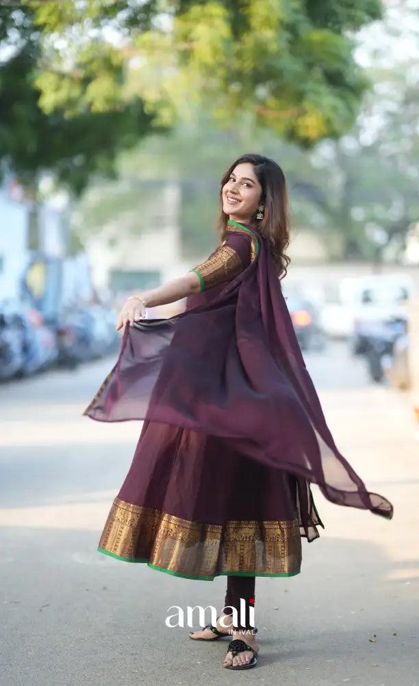 Dark Plum and Green Cotton Anarkali Anarkalis
