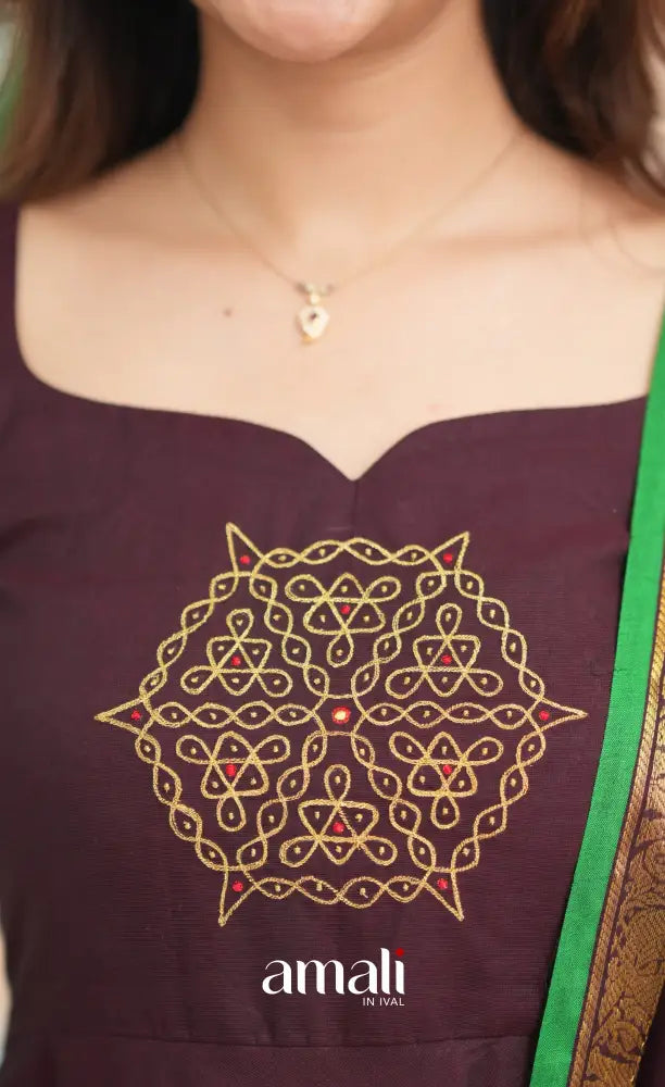 Dark Plum and Green Cotton Anarkali Anarkalis