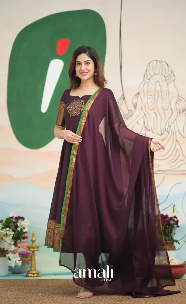 Dark Plum and Green Cotton Anarkali Anarkalis