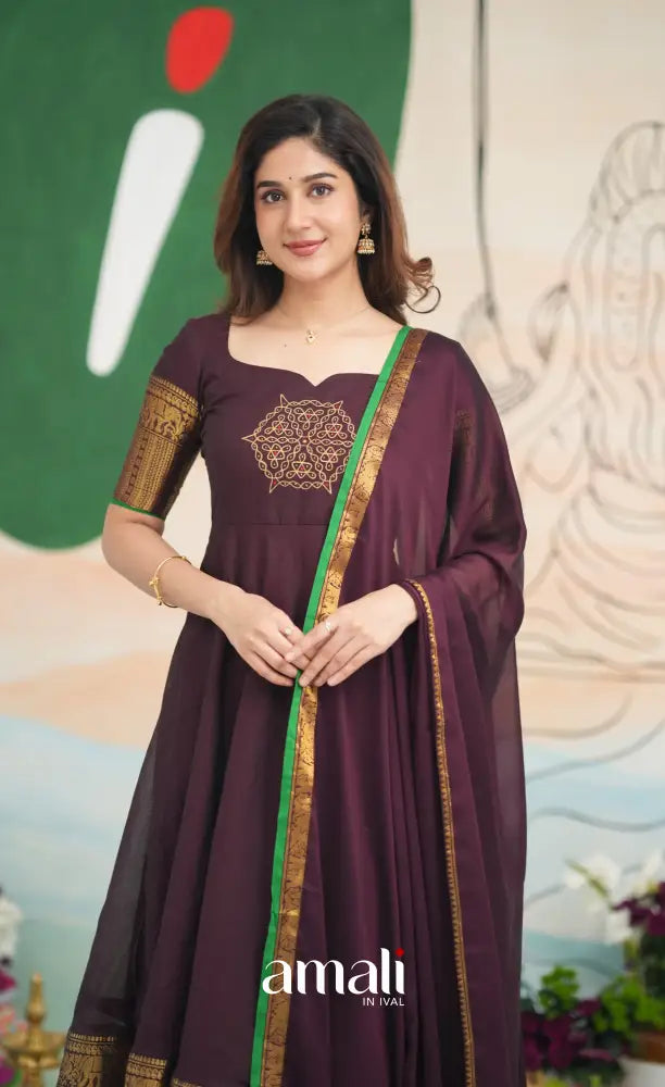 Dark Plum and Green Cotton Anarkali Anarkalis