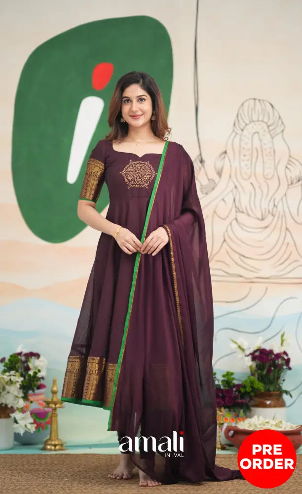 Dark Plum and Green Cotton Anarkali - PRE ORDER Anarkalis