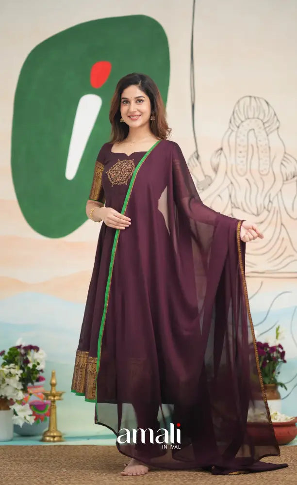 Dark Plum and Green Cotton Anarkali - PRE ORDER Anarkalis