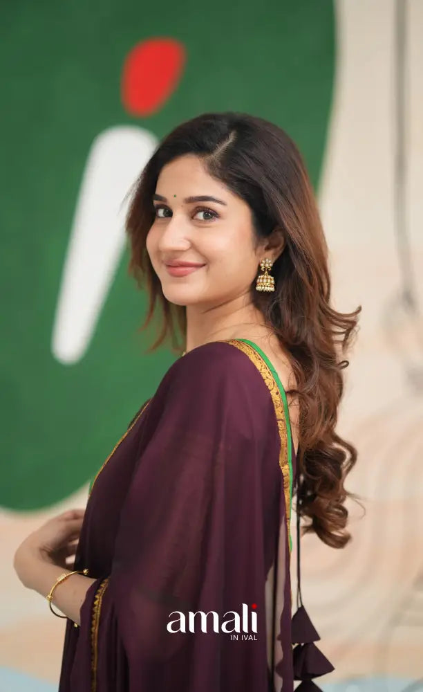 Dark Plum and Green Cotton Anarkali Anarkalis