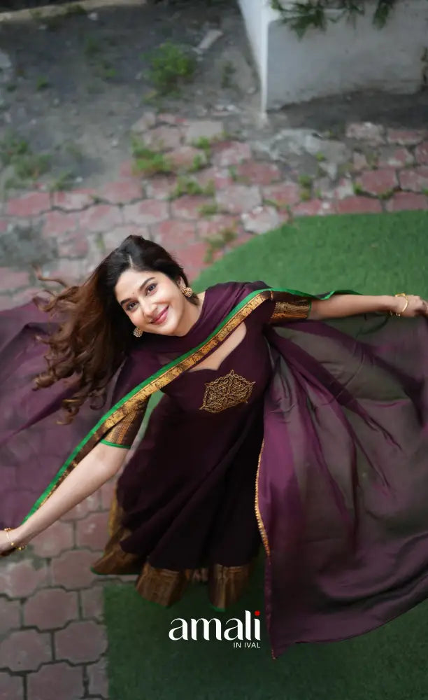 Dark Plum and Green Cotton Anarkali Anarkalis