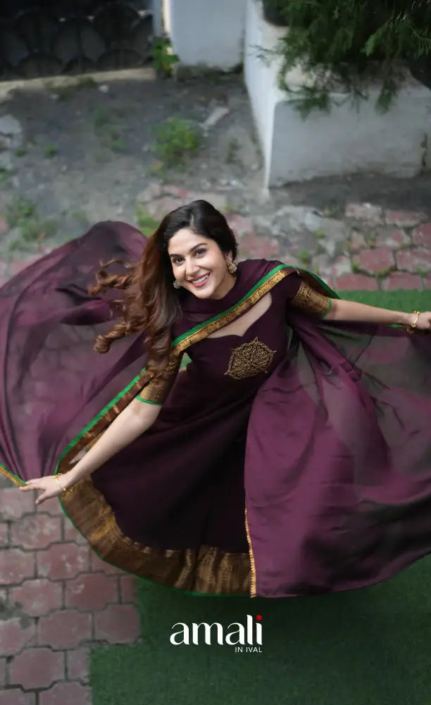 Dark Plum and Green Cotton Anarkali Anarkalis