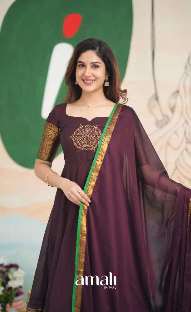 Dark Plum and Green Cotton Anarkali Anarkalis
