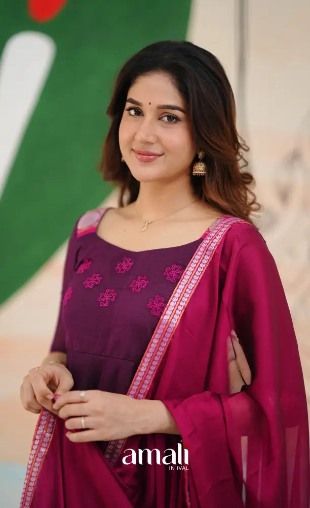Dark Purple and Pink Chettinad Cotton Anarkali Anarkalis