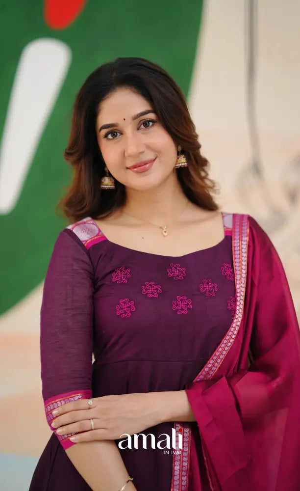 Dark Purple and Pink Chettinad Cotton Anarkali Anarkalis