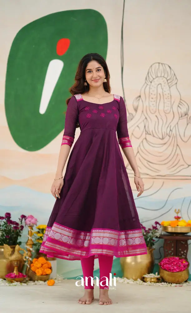 Dark Purple and Pink Chettinad Cotton Anarkali Anarkalis