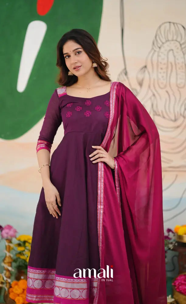 Dark Purple and Pink Chettinad Cotton Anarkali Anarkalis
