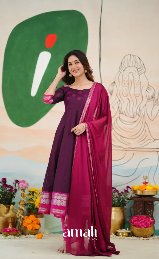 Dark Purple and Pink Chettinad Cotton Anarkali Anarkalis