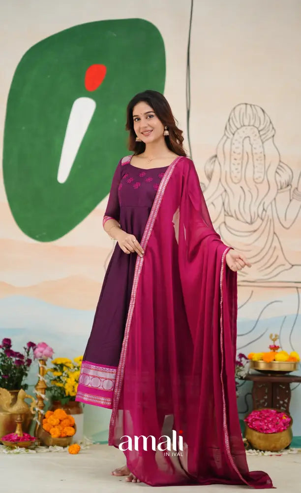 Dark Purple and Pink Chettinad Cotton Anarkali Anarkalis