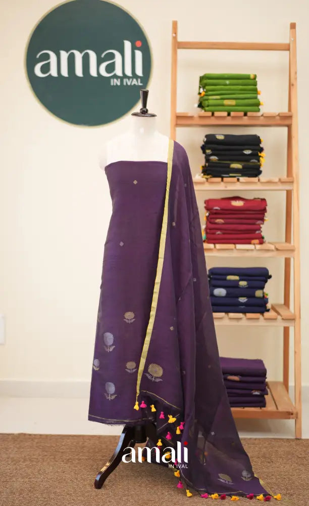 Dark Purple Handloom Linen Unstitched Salwar Set - salwar