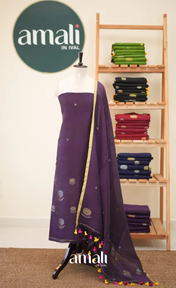 Dark Purple Handloom Linen Unstitched Salwar Set - salwar