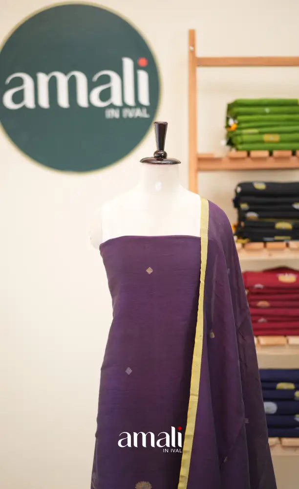 Dark Purple Handloom Linen Unstitched Salwar Set - salwar