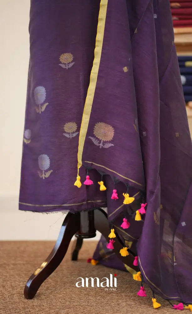 Dark Purple Handloom Linen Unstitched Salwar Set - salwar