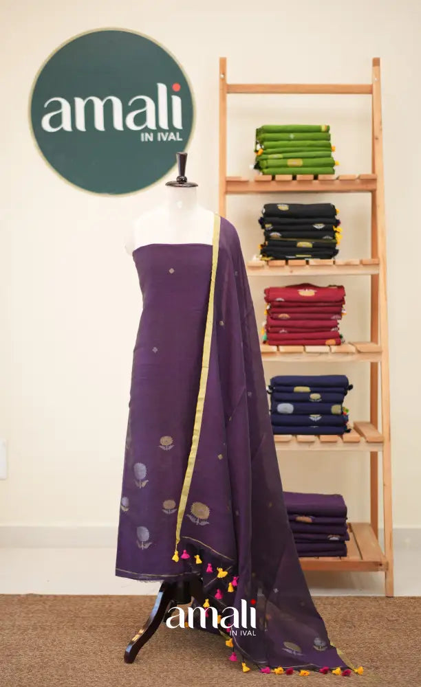 Dark Purple Handloom Linen Unstitched Salwar Set - salwar