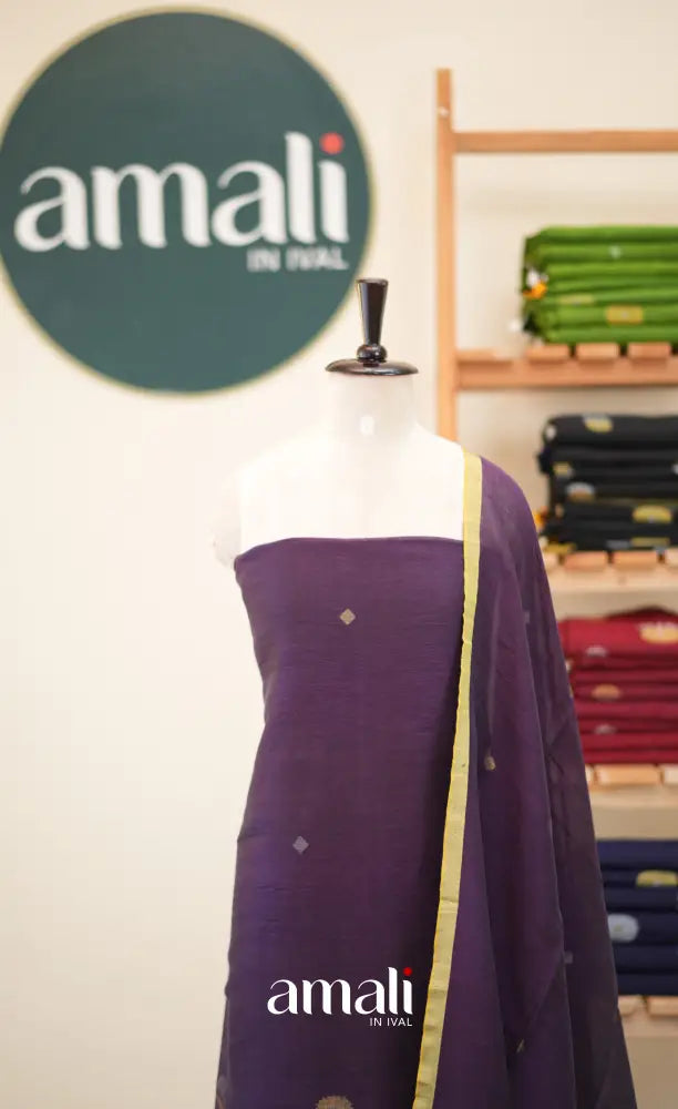 Dark Purple Handloom Linen Unstitched Salwar Set - salwar