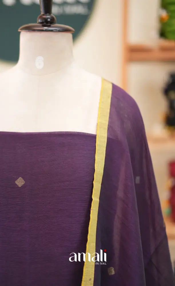 Dark Purple Handloom Linen Unstitched Salwar Set - salwar