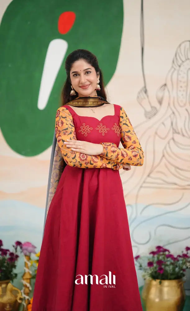 Dark Red and Black Chettinad Cotton Anarkali Anarkalis