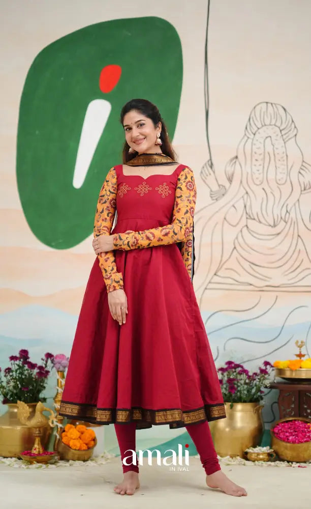 Dark Red and Black Chettinad Cotton Anarkali Anarkalis
