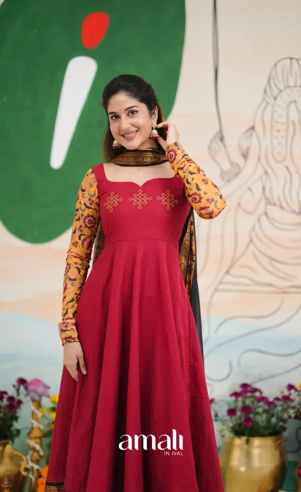 Dark Red and Black Chettinad Cotton Anarkali Anarkalis