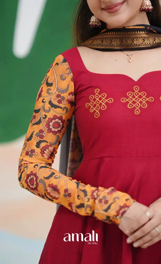 Dark Red and Black Chettinad Cotton Anarkali Anarkalis