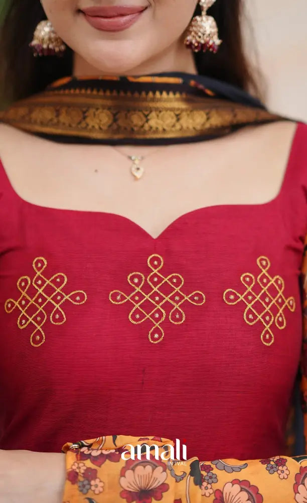 Dark Red and Black Chettinad Cotton Anarkali Anarkalis