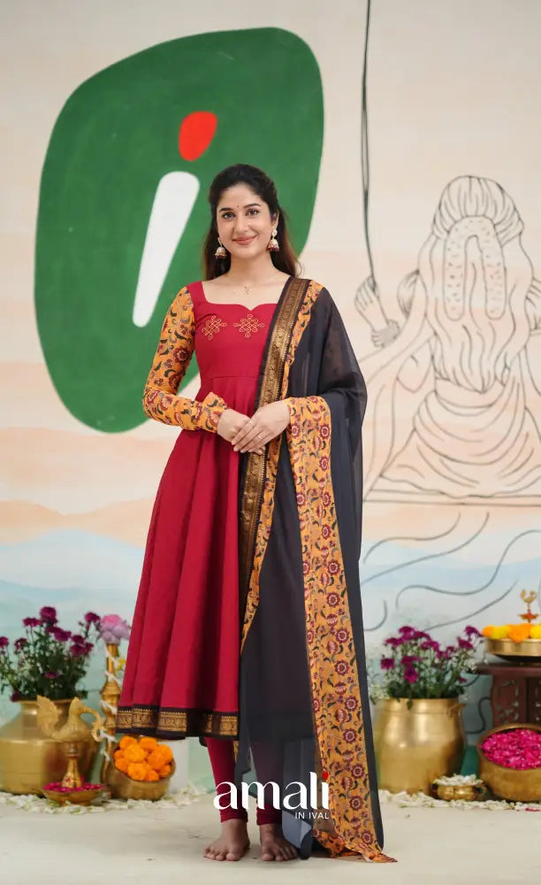Dark Red and Black Chettinad Cotton Anarkali Anarkalis