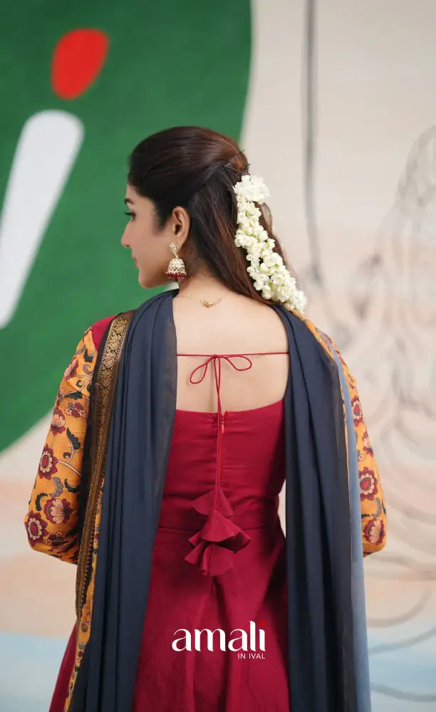 Dark Red and Black Chettinad Cotton Anarkali Anarkalis