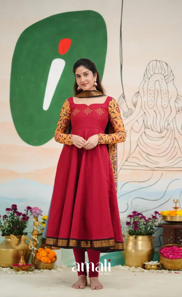 Dark Red and Black Chettinad Cotton Anarkali Anarkalis