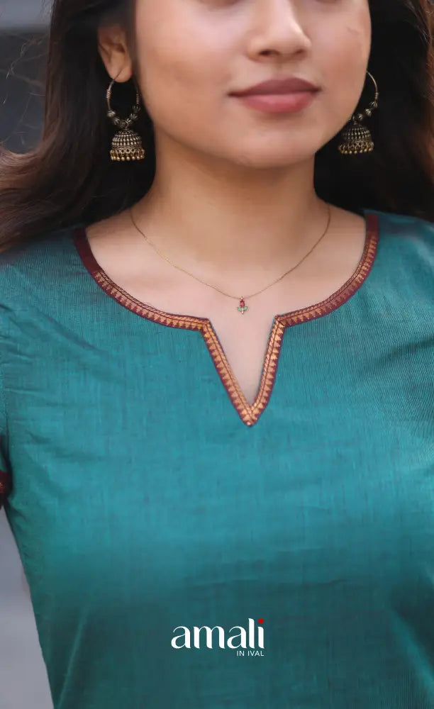 Dark Teal Blue and Maroonish Brown Chettinad Cotton Salwar Set - salwar