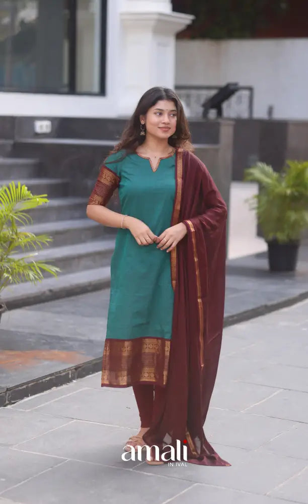Dark Teal Blue and Maroonish Brown Chettinad Cotton Salwar Set - salwar