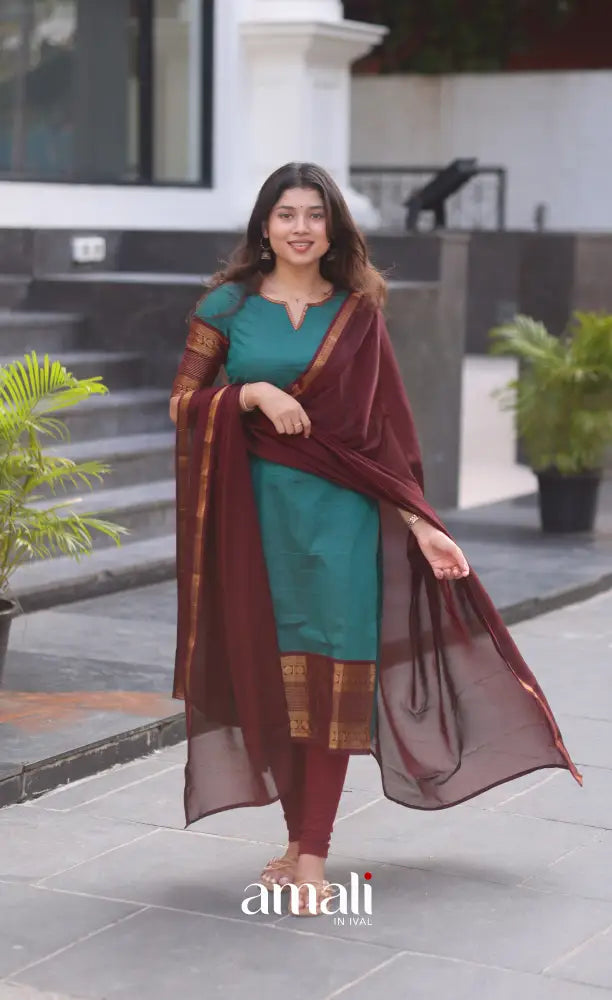 Dark Teal Blue and Maroonish Brown Chettinad Cotton Salwar Set - salwar