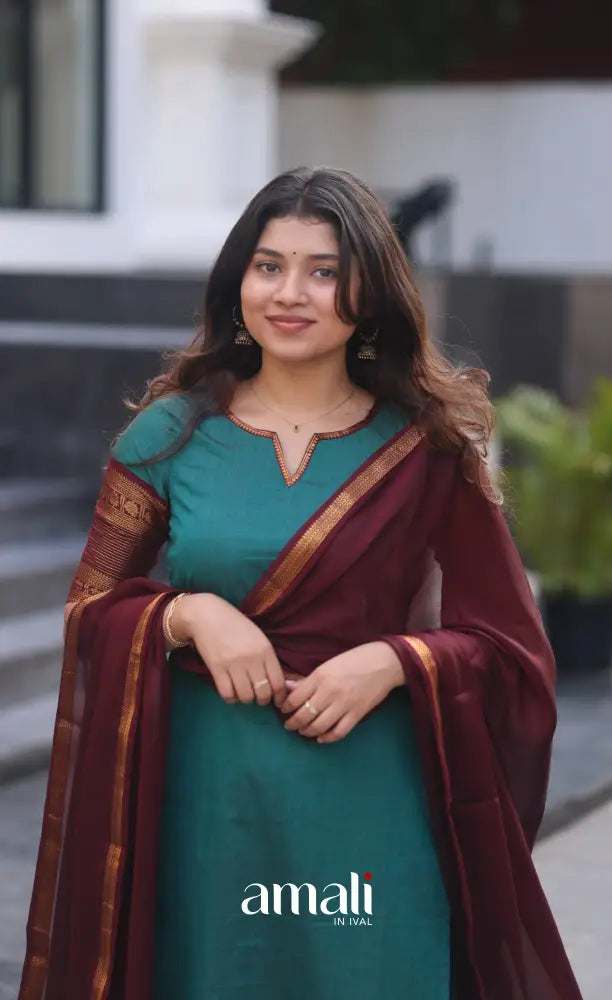 Dark Teal Blue and Maroonish Brown Chettinad Cotton Salwar Set - salwar