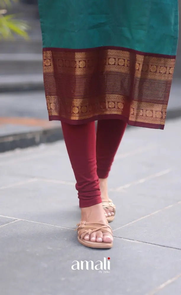 Dark Teal Blue and Maroonish Brown Chettinad Cotton Salwar Set - salwar