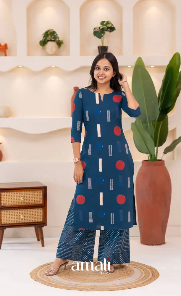 Deep Blue Jaipur Print Cotton Top and Pant - salwar