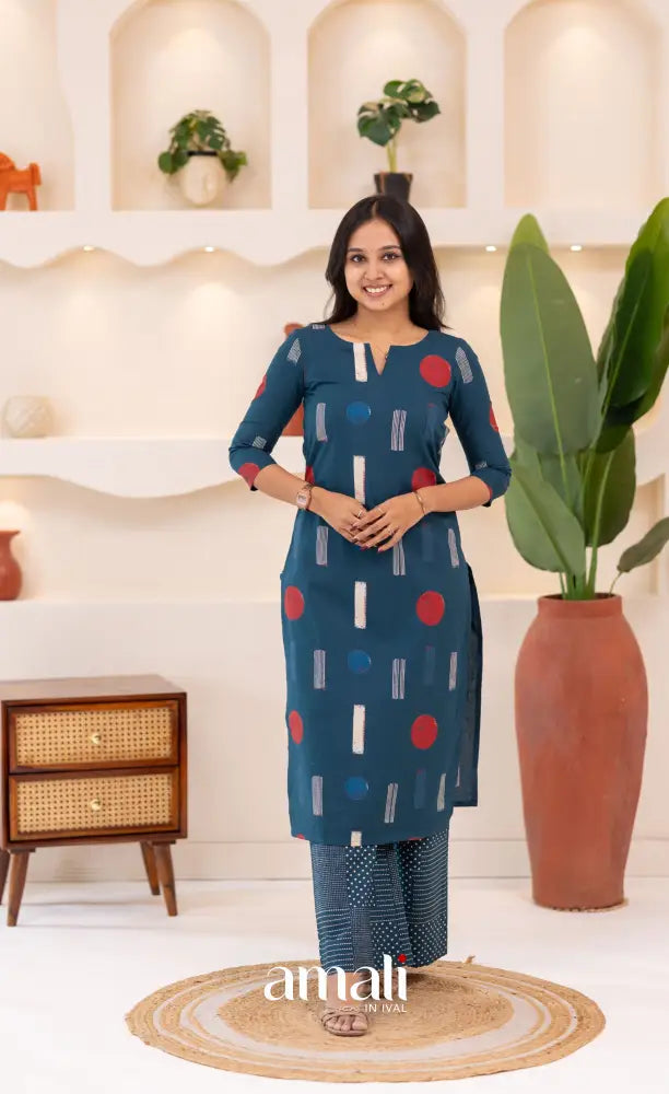 Deep Blue Jaipur Print Cotton Top and Pant - salwar