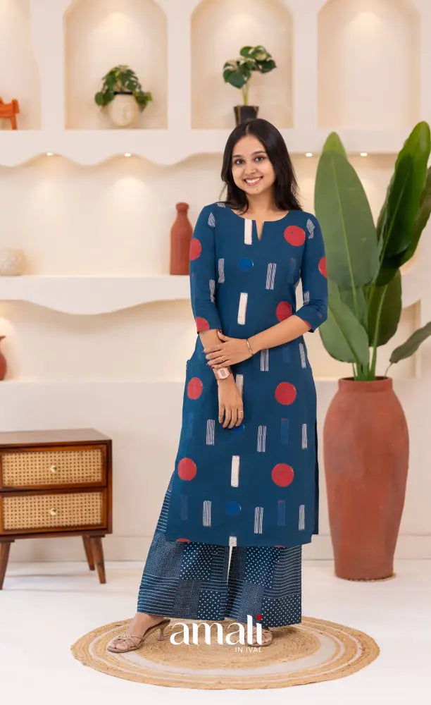 Deep Blue Jaipur Print Cotton Top and Pant - salwar