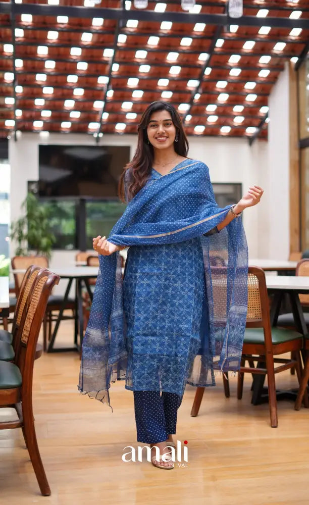 Deep blue Monotone Hand block printed Kota Salwar - salwar